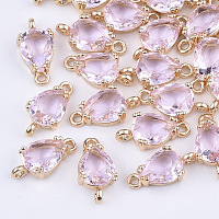 Honeyhandy Transparent Glass Links connectors, with Brass Findings, Faceted, Teardrop, Light Gold, Pearl Pink, 13x7x3.5mm, Hole: 1.2mm