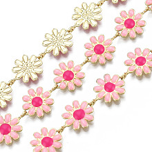 Honeyhandy Brass Flower Link Chains, with Enamel, Unwelded, Real 16K Gold Plated, Pink, 13.5~14x9.5~10x1mm