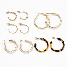 ARRICRAFT Ring Shape Stud Earrings Set, Imitation Pearl Beads Half Hoop Earrings, Open Hoop Earrings for Women, Golden, 19~35x1.5~5mm, Pin: 0.8mm, 5 pairs/set