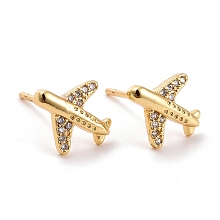 ARRICRAFT Plane Cubic Zirconia Stud Earrings, Real 18K Gold Plated Brass Earrings for Women, Lead Free & Cadmium Free, Clear, 11x10mm, Pin: 0.8mm