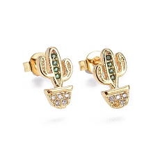 Arricraft Brass Micro Pave Cubic Zirconia Stud Earrings, Cactus, Golden, Colorful, 11.8x6.5x2mm, Pin: 0.7mm