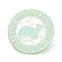 Honeyhandy Save the Ocean Alloy Enamel Brooches, Enamel Pin, Flat Round with Whale and Say No to Plastic, Light Cyan, 25x10mm