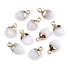 Honeyhandy Natural White Jade Charms, Top Light Gold Plated, with Iron Loop, Oval, Faceted, Dyed & Heated, 14~15x8x5mm, Hole: 1.8mm