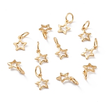 Honeyhandy Brass Charms, with Jump Rings, Long-Lasting Plated, Star, Hollow, Real 18K Gold Plated, 8x6x0.8mm, Jump Ring: 5x1mm, Inner Diameter: 3mm