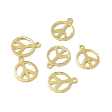 Honeyhandy Rack Plating Brass Charms, Long-Lasting Plated, Cadmium Free & Nickel Free & Lead Free, Flat Round with Peace Sign Charm, Real 18K Gold Plated, 10x8x0.5mm, Hole: 1mm