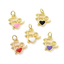 Honeyhandy Rack Plating Brass Enamel Charms, with Jump Ring, Long-Lasting Plated, Real 18K Gold Plated, Cadmium Free & Lead Free, Word Fe with Heart, Mixed Color, 13.5x12.5x2.5mm, Jump Ring: 5x0.8mm, Inner Diameter: 3mm