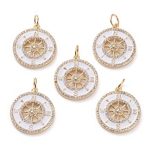 Honeyhandy Brass Micro Pave Clear Cubic Zirconia Pendants, with White Enamel & Jump Rings, Flat Round with Compass, Real 18K Gold Plated, 22x20x2mm, Jump Ring: 6x1mm, 4mm Inner Diameter