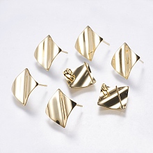 Arricraft Brass Stud Earring Findings, with Loop, Square, Real 18K Gold Plated, 12.5x12.5x1mm, Hole: 2mm; Pin: 0.5mm