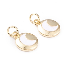 Honeyhandy Brass Enamel Charms, with Jump Rings, Long-Lasting Plated, Flat Round with Moon, White, Real 18K Gold Plated, 12.5x10x2mm, Hole: 3mm