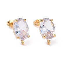 Honeyhandy Brass Micro Pave Clear Cubic Zirconia Stud Earring Findings, with Vertical Loops and Ear Nuts, Oval, Cadmium Free & Lead Free, Golden, 17x10x6.8mm, Hole: 1.6mm, Pin: 0.9mm