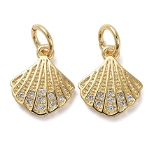 Honeyhandy Brass Micro Pave Clear Cubic Zirconia Charms, with Jump Rings, Shell Shape, Golden, 11.5x10x2mm, Hole: 3mm