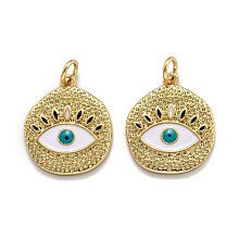 Honeyhandy Brass Enamel Pendants, with Jump Ring, Long-Lasting Plated, Real 18K Gold Plated, Flat Round with Evil Eye, Seashell Color, 19x16x2mm, Hole: 3.6mm