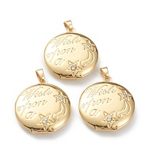 Honeyhandy Brass Micro Pave Clear Cubic Zirconia Locket Pendants, Photo Frame Pendants for Necklaces, Long-Lasting Plated, Flat Round with Moon and Star, Real 18K Gold Plated, 29.5x25.5x6mm, Hole: 4.5x3mm, 18.5mm Inner Diameter