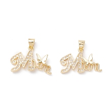 Honeyhandy Mother's Day Theme Brass Micro Pave Clear Cubic Zirconia Pendants, Word Shapes, Real 18K Gold Plated, 15.5x23x3mm, Hole: 3.5x4mm