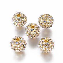 Honeyhandy Alloy Rhinestone Beads, Grade A, Round, Golden Metal Color, Crystal AB, 10mm