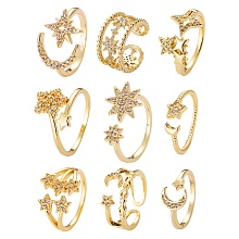 Honeyhandy 9Pcs 9 Style Adjustable Brass Micro Pave Clear Cubic Zirconia Cuff Rings, Open Rings, Long-Lasting Plated, Moon & Star, Real 18K Gold Plated, 1pcs/style