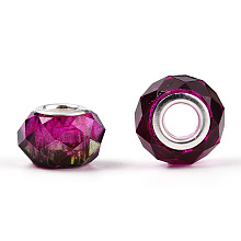 Honeyhandy Transparent Resin European Beads, Imitation Crystal, Two-Tone Large Hole Beads, with Silver Tone Brass Double Cores, Faceted, Rondelle, Medium Violet Red, 14x8.5mm, Hole: 5mm