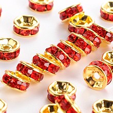 Honeyhandy Brass Grade A Rhinestone Spacer Beads, Golden Plated, Rondelle, Nickel Free, Light Siam, 5x2.5mm, Hole: 1mm