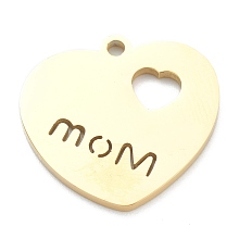 Honeyhandy Ion Plating(IP) 304 Stainless Steel Pendants, Heart with Word Mom, for Mother's Day, Real 18K Gold Plated, 19x20x1.5mm, Hole: 1.6mm