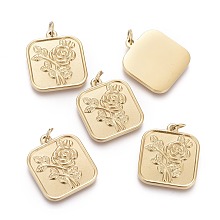 Honeyhandy Valentine's Day Ion Plating(IP) 304 Stainless Steel Pendants, with Jump Rings, Square with Rose, Golden, 20x17.5x2mm, Hole: 3.5mm