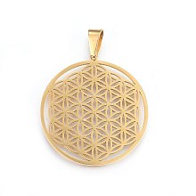 Honeyhandy 304 Stainless Steel Pendants, Spiritual Charms, Flat Round with Flower of Life/Sacred Geometry, Golden, 42x39x1.2mm, Hole: 8x6mm