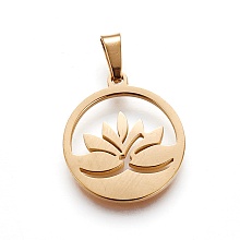 Honeyhandy 304 Stainless Steel Pendants, Ring with Lotus, Golden, 19~20x16~17x1.5mm, Hole: 5x2.5mm