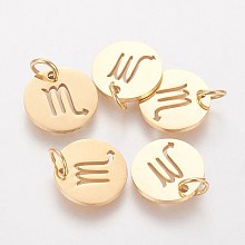 Honeyhandy 304 Stainless Steel Charms, Flat Round with Constellation/Zodiac Sign, Golden, Scorpio, 12x1mm, Hole: 3mm