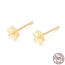 Honeyhandy 925 Sterling Silver Stud Earring Findings, for Half Drilled Beads, Flower, Golden, 4.5x4.5mm, Pin: 0.7mm