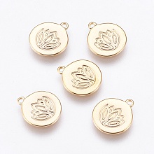 Honeyhandy Brass Charms, Flat Round with Flower, Nickel Free, Real 18K Gold Plated, 11.5x10x1mm, Hole: 1mm