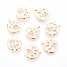 Honeyhandy Brass Charms, Flat Round with Dog Paw Prints, Nickel Free, Real 18K Gold Plated, 14x12x1mm, Hole: 1mm