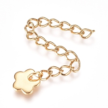 Honeyhandy 304 Stainless Steel Chain Extender, Curb Chain, with Charms, Flower, Golden, 56mm, Link: 4x3x0.5mm, Charm: 7x7x1.2mm.