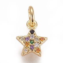 Honeyhandy Brass Micro Pave Cubic Zirconia Charms, Star, Colorful, Golden, 8.5x7x2mm, Hole: 3mm