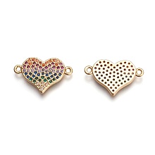 Honeyhandy Brass Micro Pave Cubic Zirconia Links, Heart, Colorful, Golden, 12x19.5x2mm, Hole: 1.5mm