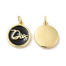 Honeyhandy Real 16K Gold Plated Brass Enamel Pendants, with Jump Ring, Flat Round with Word Charms, Black, 15x13x2.5mm, Hole: 3.5mm