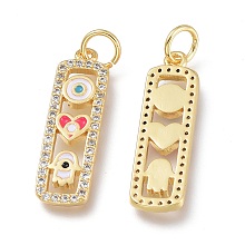 Honeyhandy Brass Micro Pave Clear Cubic Zirconia Pendants, with Enamel & Jump Rings, Long-Lasting Plated, Rectangle with Hamsa Hand & Heart & Round, Real 18K Gold Plated, 22.5x6.5x2mm, Jump Ring: 5x0.7mm, Hole: 3.6mm