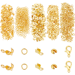 Nbeads DIY Jewelry Making Finding Kit, Including Zinc Alloy Lobster Claw Clasps, Iron Bead Tips Knot Covers & Folding Crimp Ends & Crimp Beads Covers & Jump Rings, Golden, 1000Pcs/box