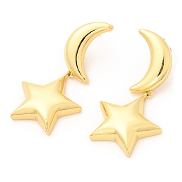 Honeyhandy Rack Plating Brass Moon & Star Dangle Stud Earrings, Lead Free & Cadmium Free, Real 18K Gold Plated, 49.5mm