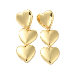 Honeyhandy Long-Lasting Plated Brass Triple Heart Long Dangle Stud Earrings for Women, Cadmium Free & Lead Free, Real 18K Gold Plated, 61x20mm, Pin: 1mm