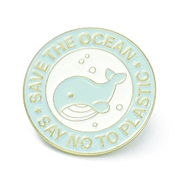 Honeyhandy Save the Ocean Alloy Enamel Brooches, Enamel Pin, Flat Round with Whale and Say No to Plastic, Light Cyan, 25x10mm