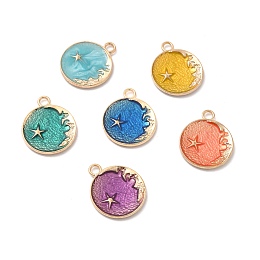 Alloy Enamel Pendants, Flat Round with Star & Moon Charm, Golden, Random Color, 25x21x2.3mm, Hole: 3mm