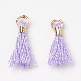 Honeyhandy Polycotton(Polyester Cotton) Tassel Pendant Decorations, Mini Tassel, with Brass Findings, Light Gold, Lilac, 10~15x3~4mm, Hole: 2mm