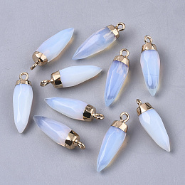 Honeyhandy Top Golden Plated Opalite Pointed Pendants, with Iron Loops, Faceted, Bullet, 25~26x7~8mm, Hole: 1.8mm