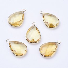 Honeyhandy Golden Tone Brass Glass Teardrop Pendants, Faceted, Champagne Yellow, 18x10x5mm, Hole: 2mm