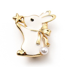 Honeyhandy Rabbit with ABS Pearl Beaded Enamel Pin, Golden Alloy Animal Brooch for Backpack Clothes, Cadmium Free & Lead Free, White, 22x19x5mm, Pin: 0.7mm