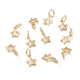 Honeyhandy Brass Charms, with Jump Rings, Long-Lasting Plated, Star, Hollow, Real 18K Gold Plated, 8x6x0.8mm, Jump Ring: 5x1mm, Inner Diameter: 3mm