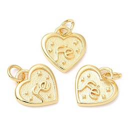 Honeyhandy Rack Plating Brass Charms, Long-Lasting Plated, with Jump Ring, Lead Free & Cadmium Free, Heart with Word Fe Charm, Real 18K Gold Plated, 12.5x11.5x1.5mm, Hole: 3mm