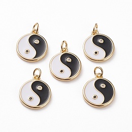 Honeyhandy Brass Micro Pave Black & Clear Cubic Zirconia Findings Pendants, with Enamel & Jump Rings, Flat Round with Yin Yang Pattern, Real 18K Gold Plated, 15x13x2mm, Jump Ring: 5x1mm, 3mm Inner Diameter