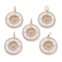 Honeyhandy Brass Micro Pave Clear Cubic Zirconia Pendants, with White Enamel & Jump Rings, Flat Round with Compass, Real 18K Gold Plated, 22x20x2mm, Jump Ring: 6x1mm, 4mm Inner Diameter