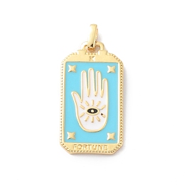 Honeyhandy Rack Plating Brass Pendants, with Enamel, Long-Lasting Plated, Real 18K Gold Plated, Cadmium Free & Lead Free, Rectangle with Palm, Deep Sky Blue, 26x14x1.5mm, Hole: 2.2x1.5mm