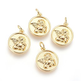 Honeyhandy Brass Charms, with Jump Ring, Flat Round with Angel, Golden, 15x13x2mm, Hole: 3mm